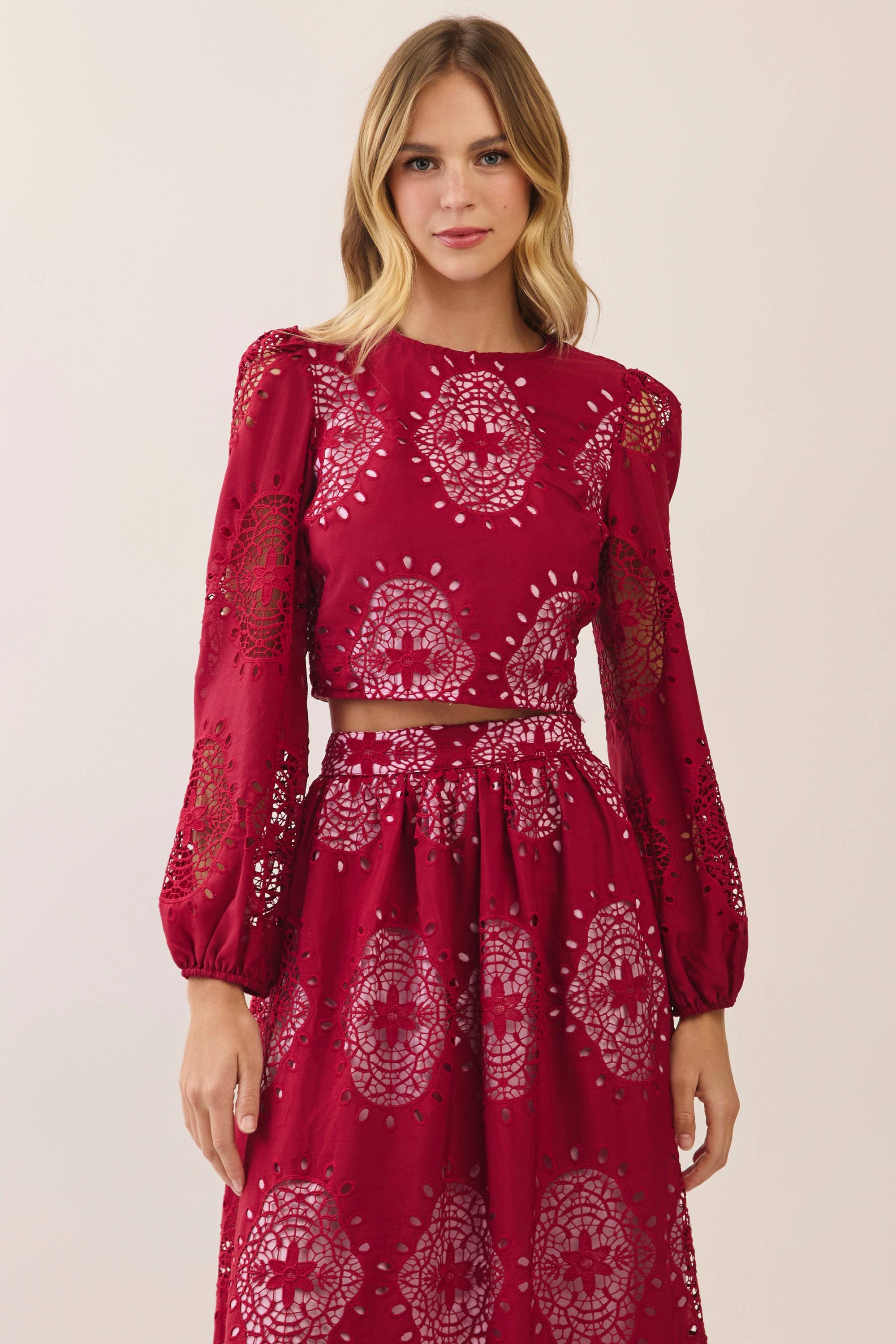 Burgundy Eyelet Puff Sleeve Crop Top