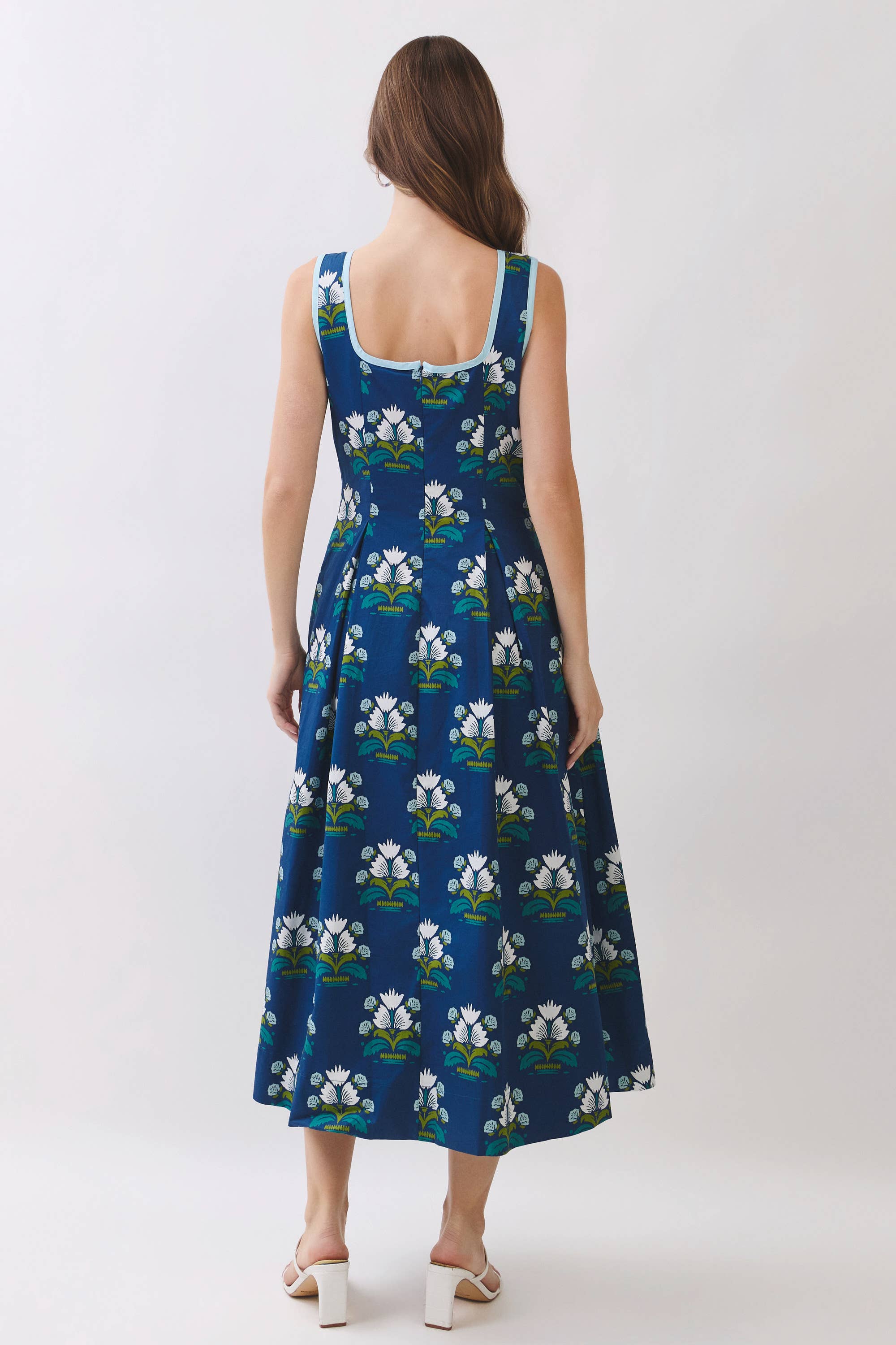 Floral Border Trim Square Neck Midi Dress