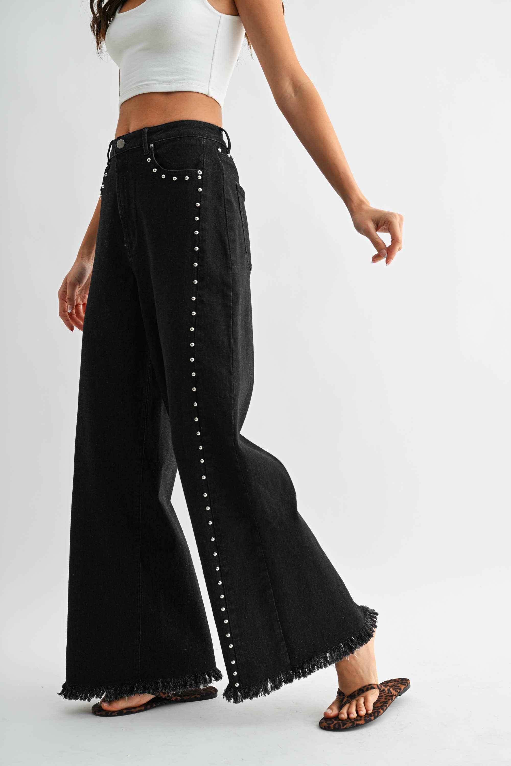 Black Wide-Leg Denim Stud Pants