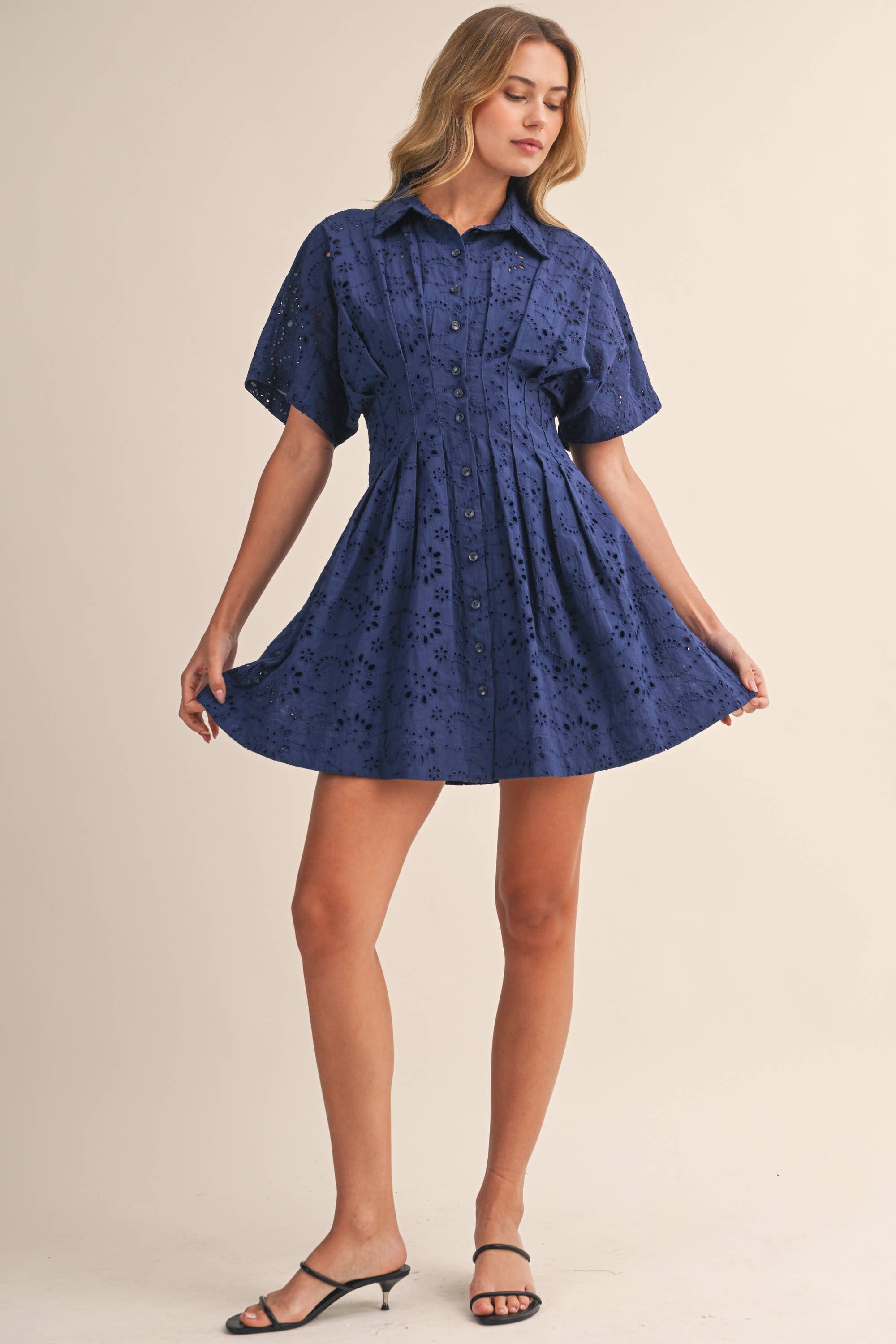 Navy Eyelet Pleated Mini Dress