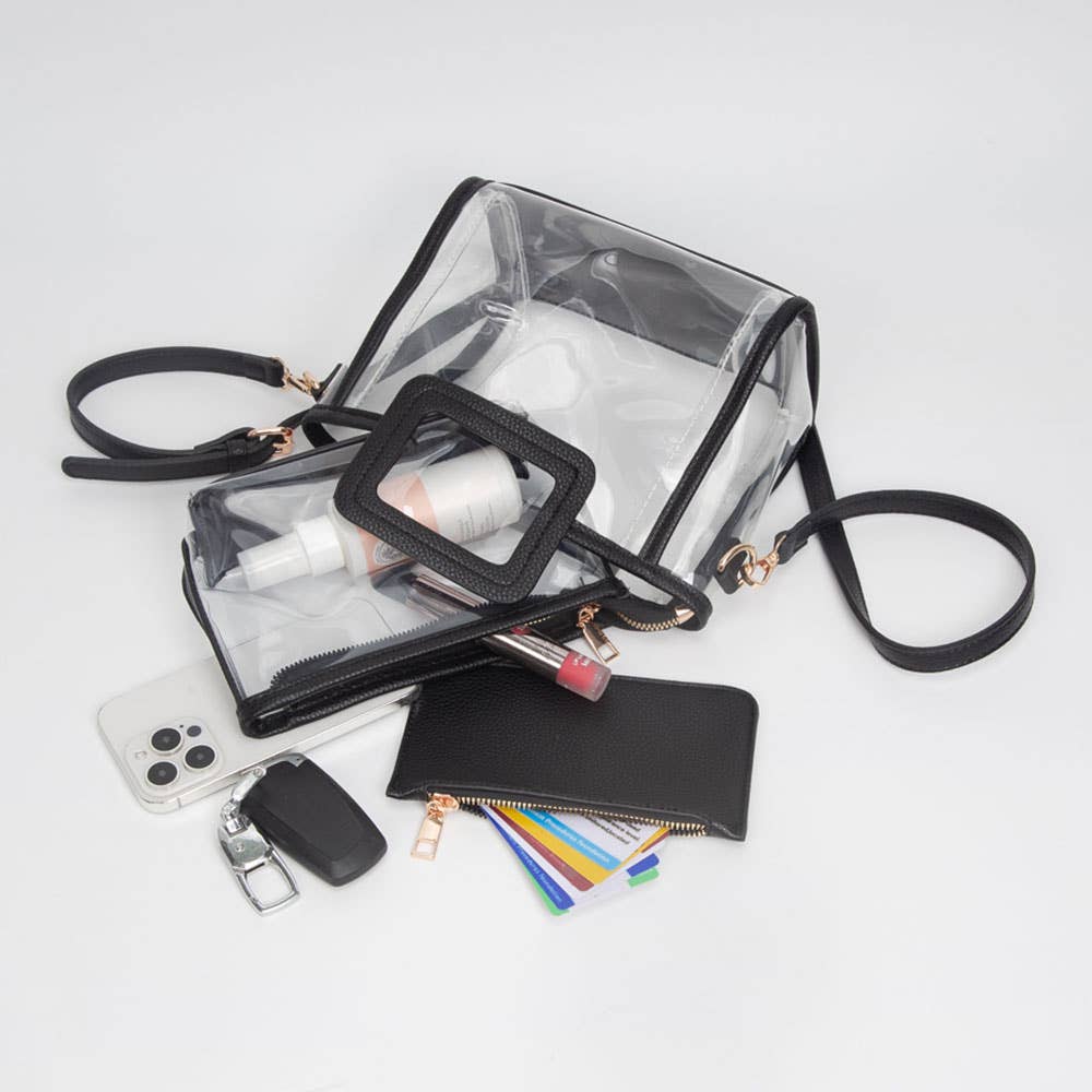 Transparent 3-piece Crossbody Handbag Set: Clear,Silver