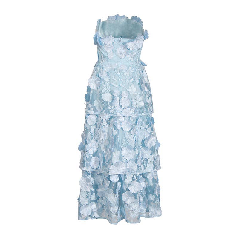 Blue 3D Flower Strapless Dress