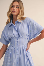 Blue Striped Pleated Dress