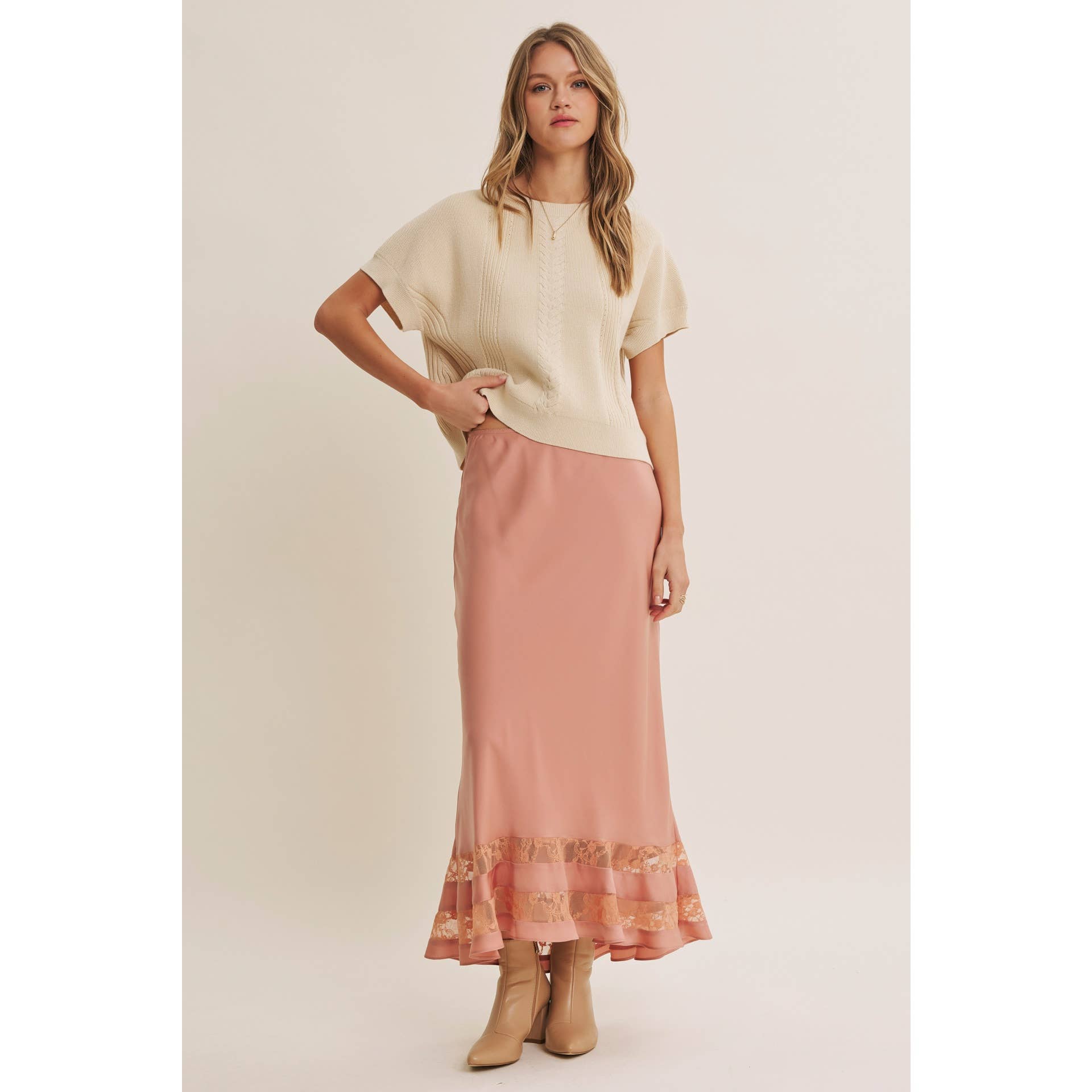 Coral Satin Lace Maxi Skirt