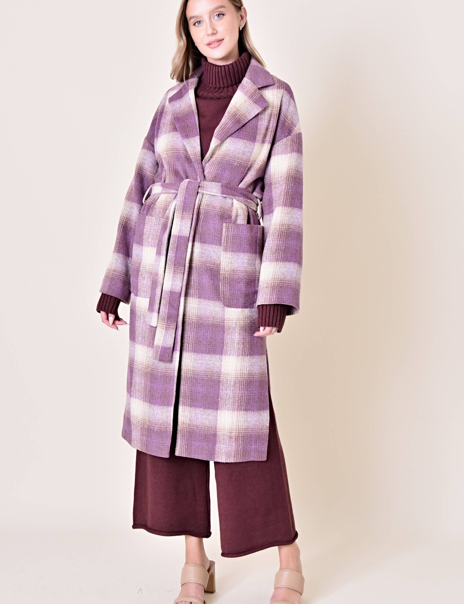 Lavender Plaid Belted Long Coat