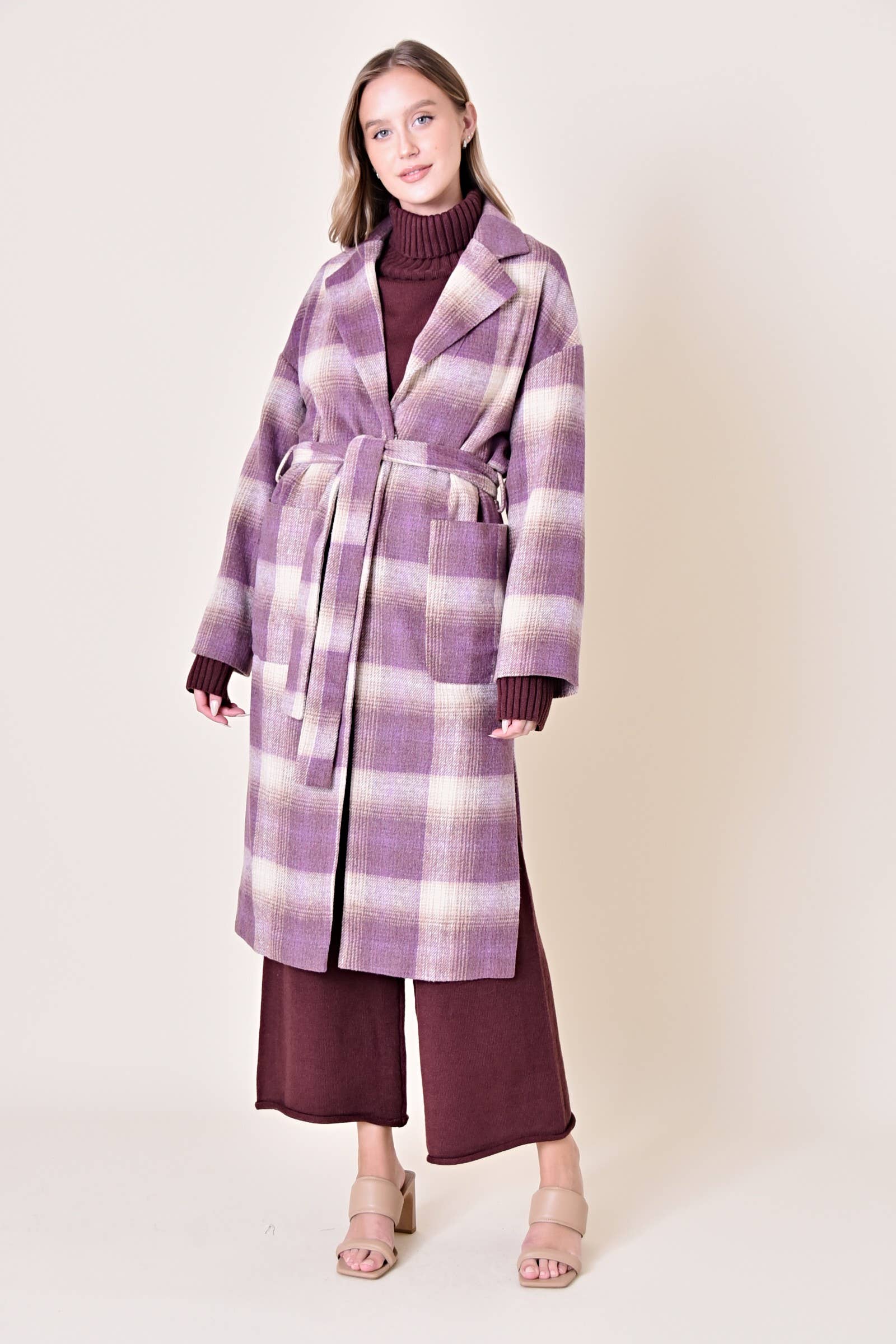 Lavender Plaid Belted Long Coat
