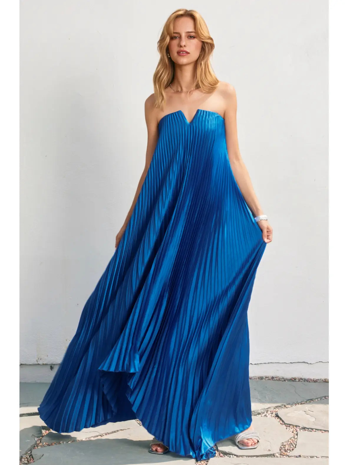 Blue Strapless Pleated Maxi Column Dress