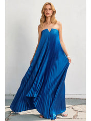 Blue Strapless Pleated Maxi Column Dress