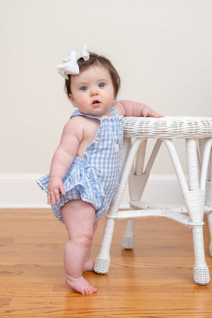 Blue Gingham Goose Lace Bow Ruffle Baby