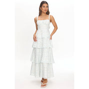 White & Green Floral Tiered Maxi Dress