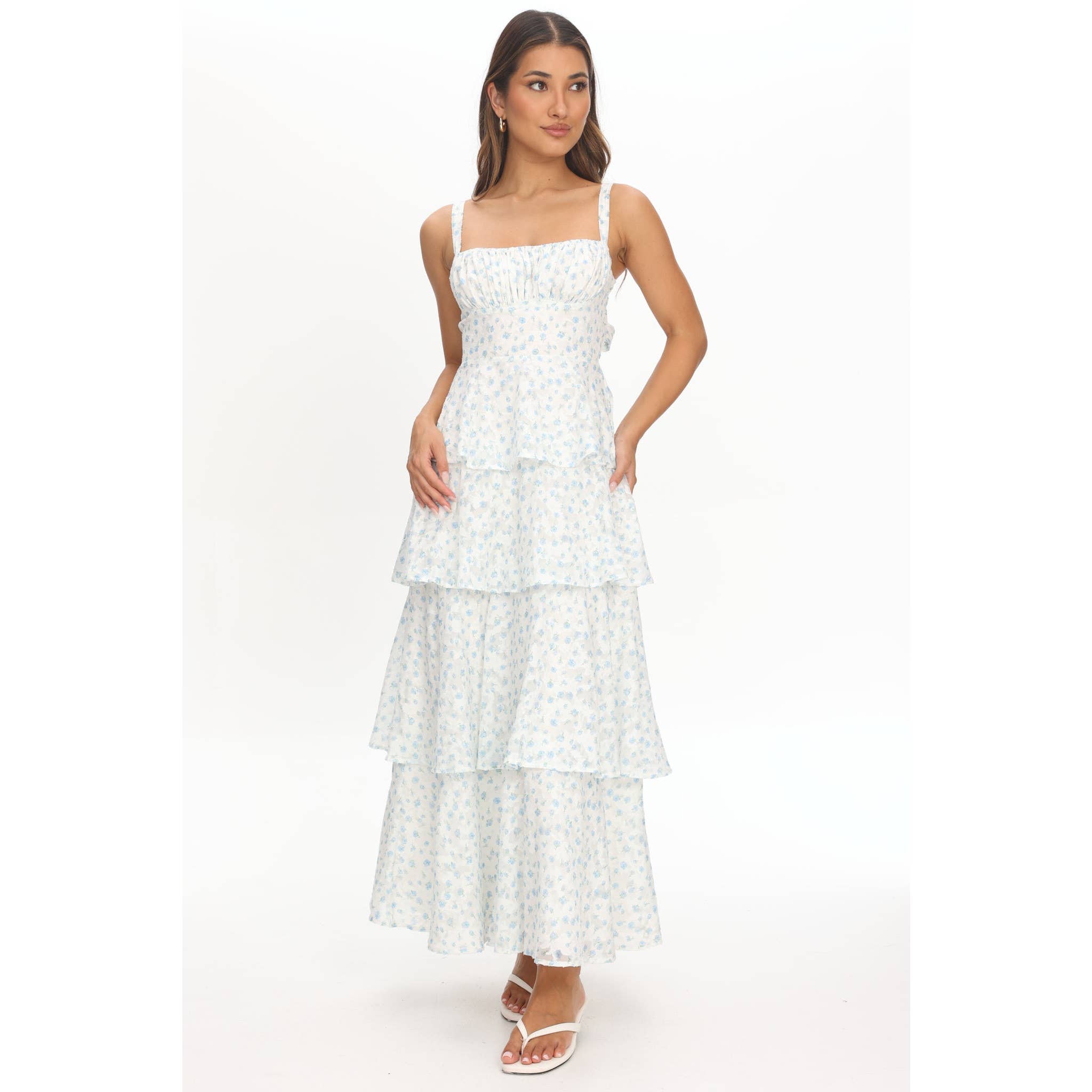 White & Green Floral Tiered Maxi Dress