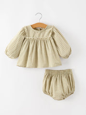 Gingham Baby Romper with Long Sleeve Puff Design — view 6