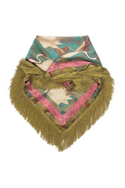 Green Floral Crane Print Square Scarf
