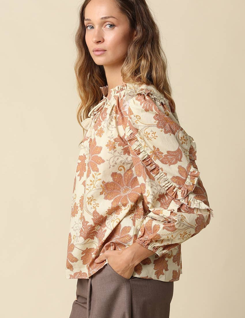 Beige Floral Print Ruffle Blouse showing split neckline