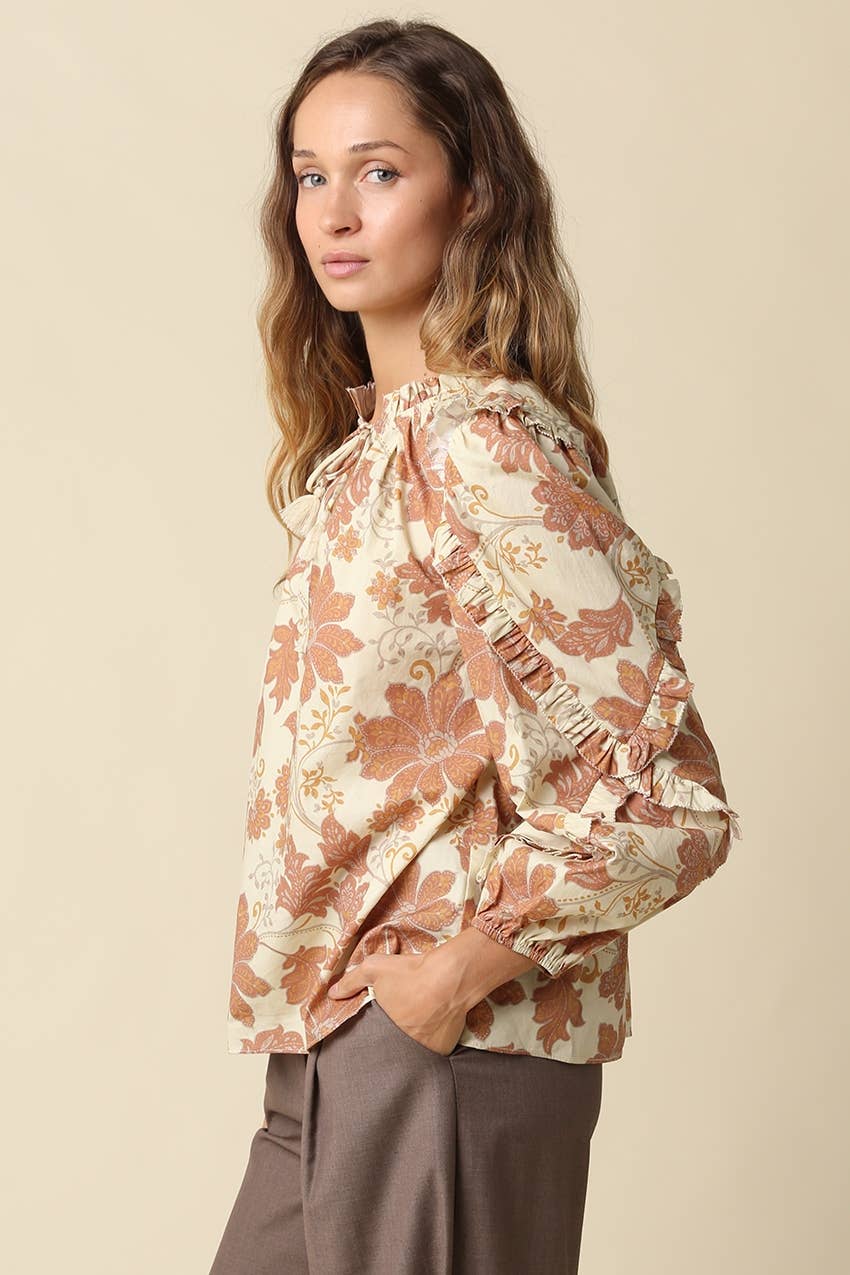 Beige Floral Print Ruffle Blouse showing split neckline