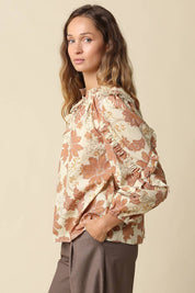 Beige Floral Print Ruffle Blouse showing split neckline
