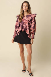 Purple & Pink Floral Print Ruffle Blouse showing smocked cuffs
