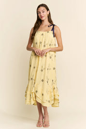 Yellow Embroidered Floral Midi Dress