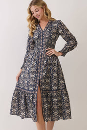 Navy Floral Smocked Waist Midi Dress