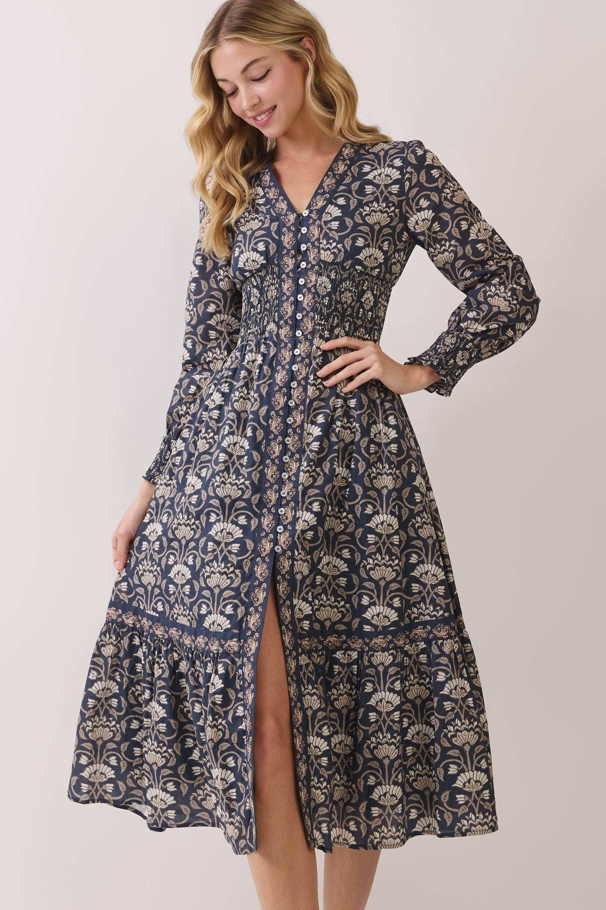Navy Floral Smocked Waist Midi Dress