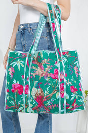 Green Bird Quilted Tote Bag