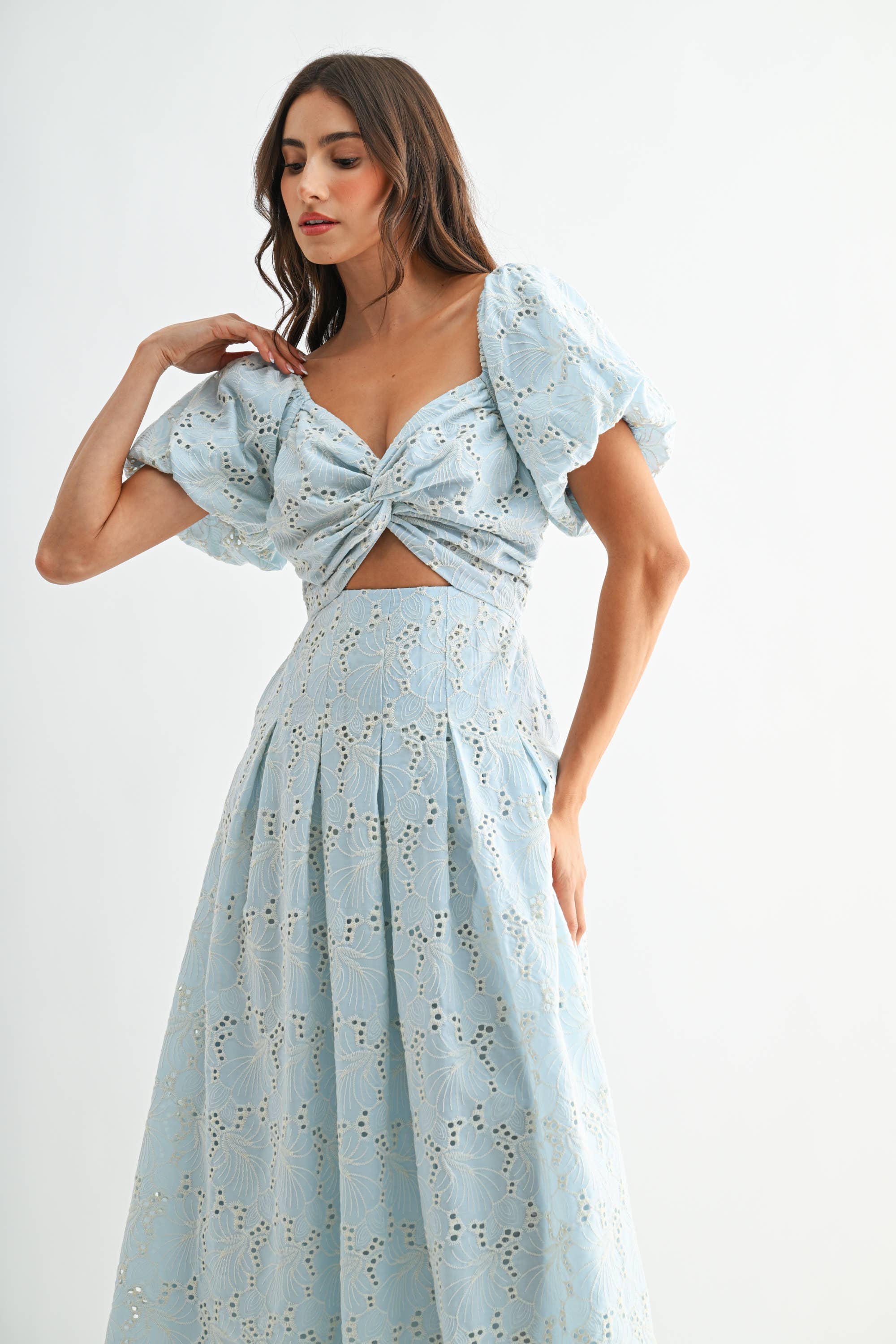 Blue Eyelet Puff Sleeve Maxi Dress