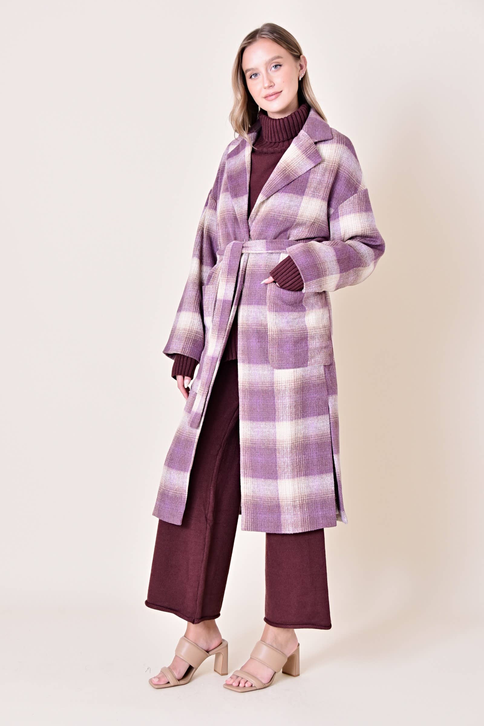 Lavender Plaid Belted Long Coat