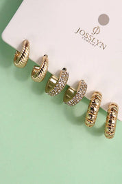 TRIO RHINESTONE TEXTURED HUGGIE HOOP EARRINGS