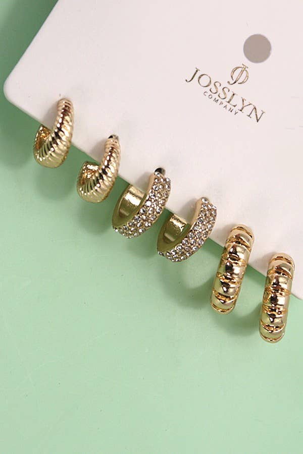 TRIO RHINESTONE TEXTURED HUGGIE HOOP EARRINGS