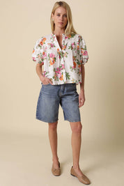 White Floral Puff Sleeve Blouse