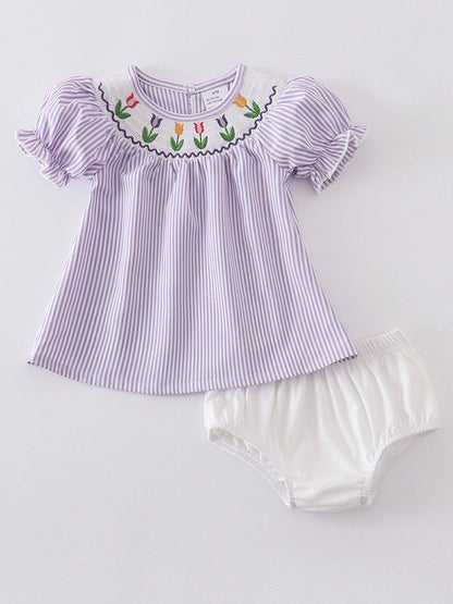 Stripe Flowers Smocked Baby Set