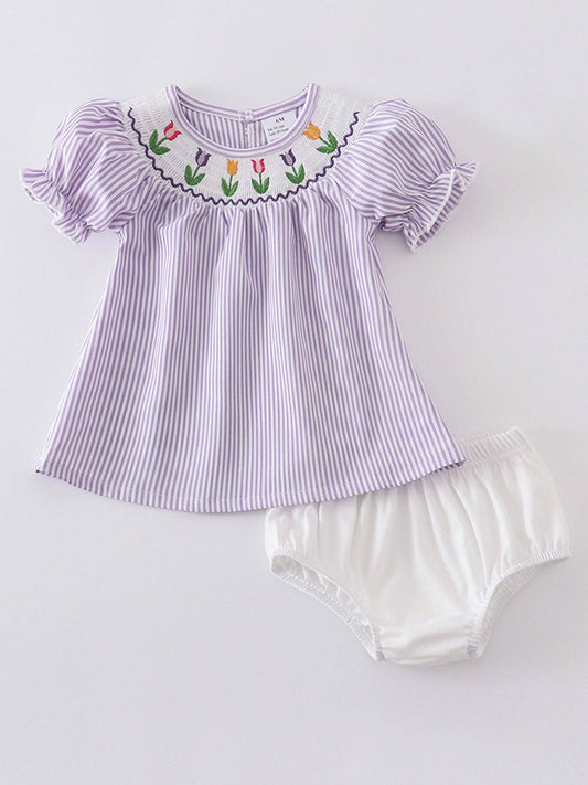 Stripe Flowers Smocked Baby Set