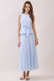 Blue Striped Tie Waist Peplum Top