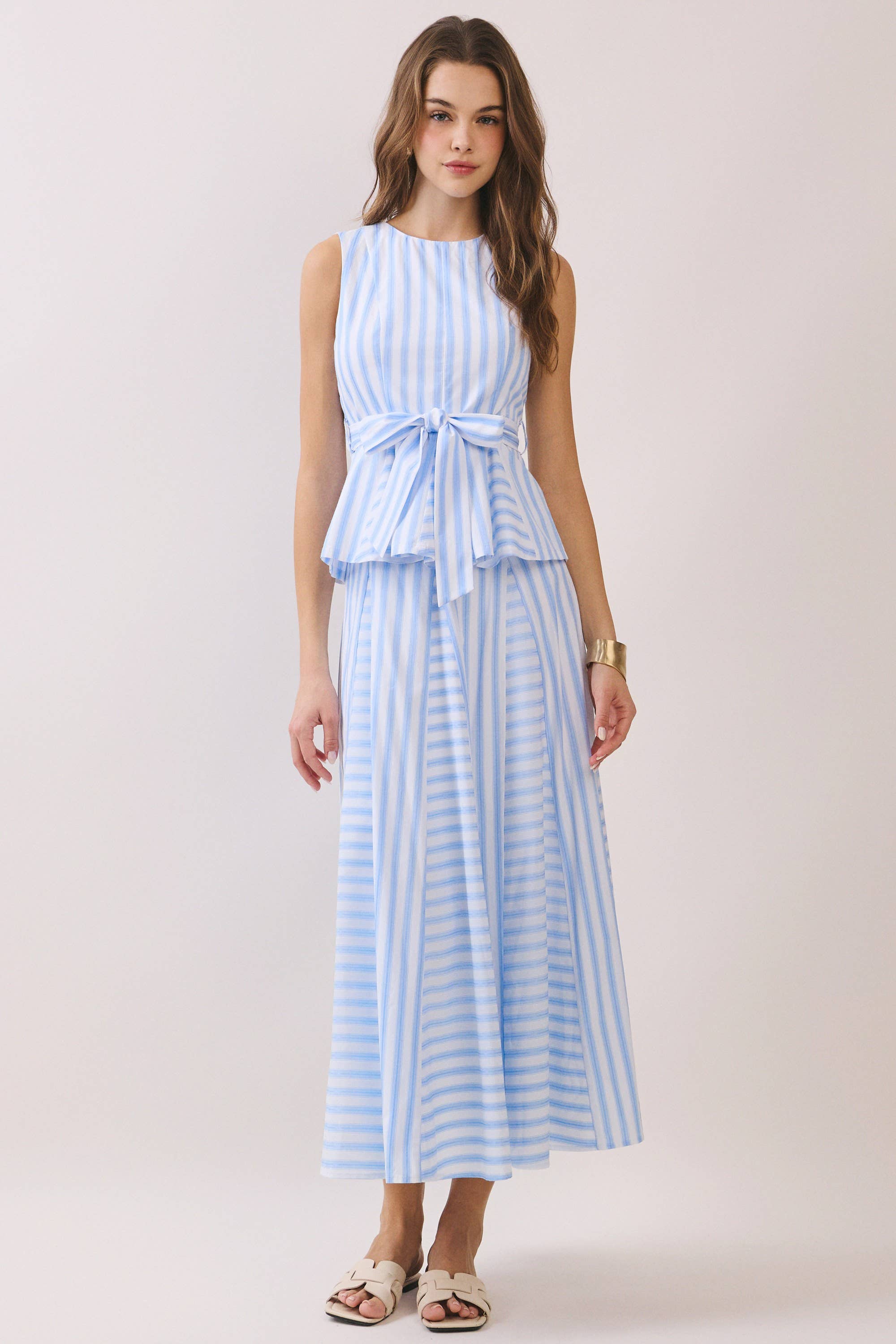 Blue Striped Tie Waist Peplum Top