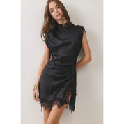 Black Lace Trim Satin Mini Dress at Ninety Nine Boutique