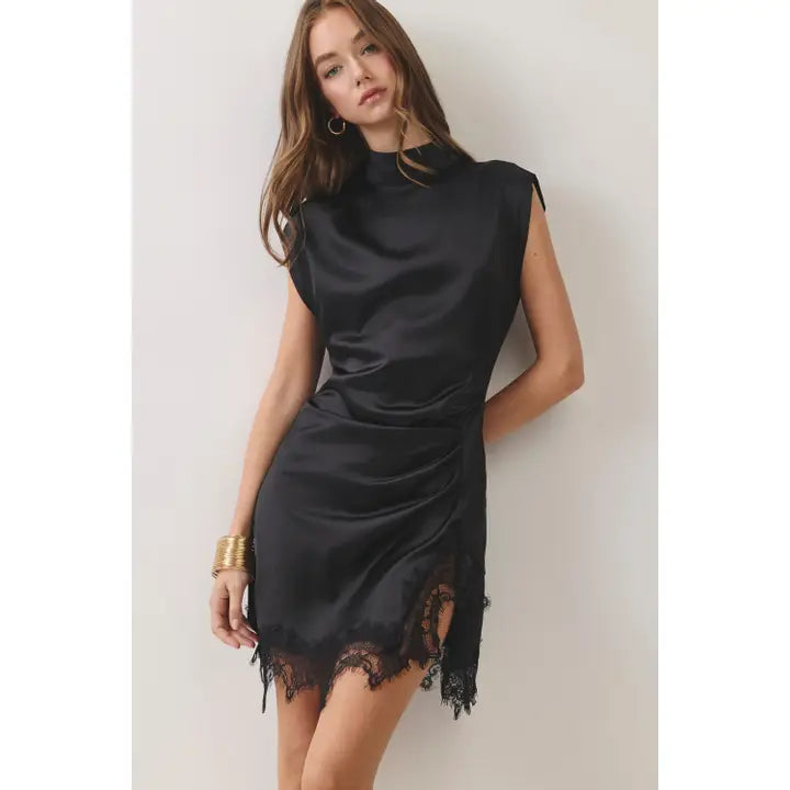 Black Lace Trim Satin Mini Dress at Ninety Nine Boutique