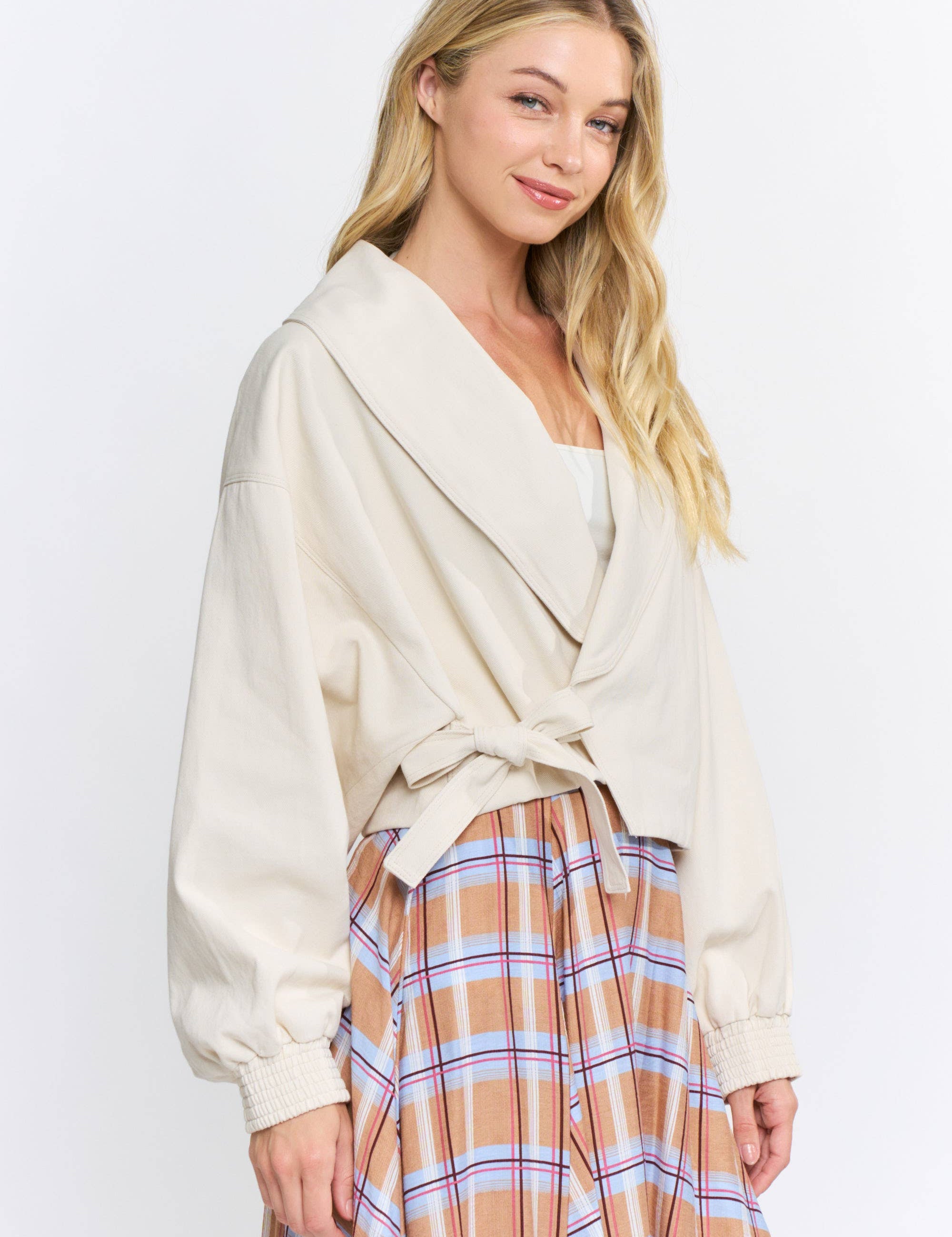 Tie-Front Wrap Jacket showing tie front