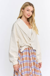 Tie-Front Wrap Jacket showing tie front