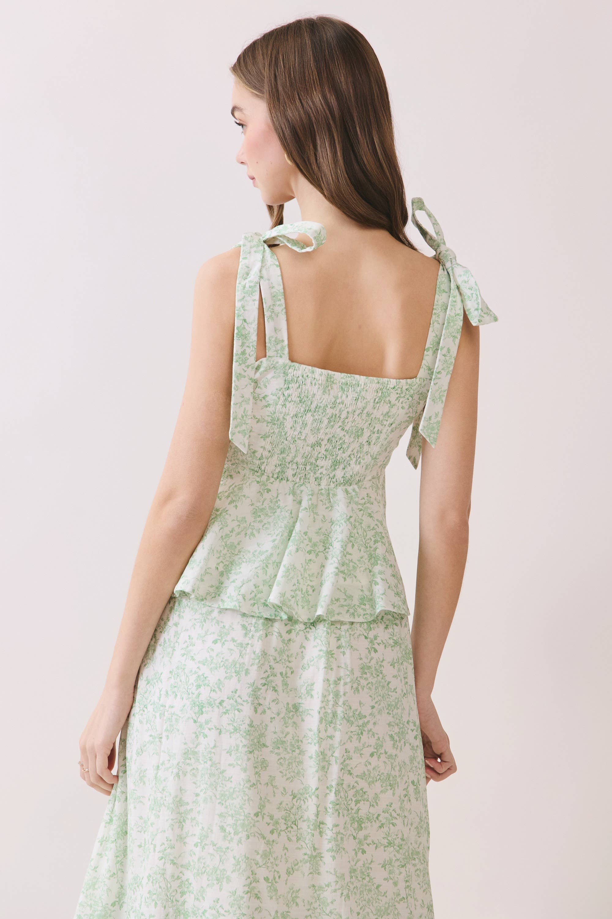 Green Floral Print Shoulder Tie Top
