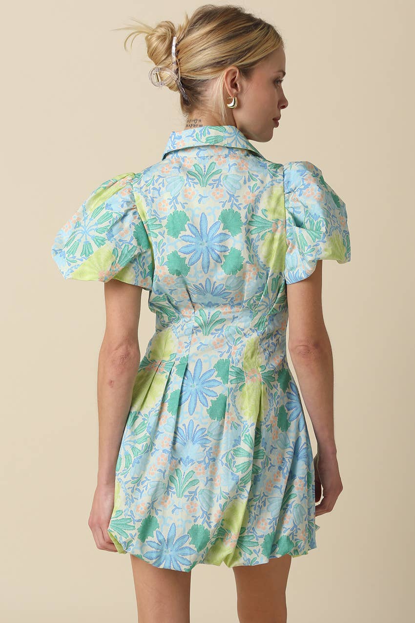Blue Floral Puff Mini Dress