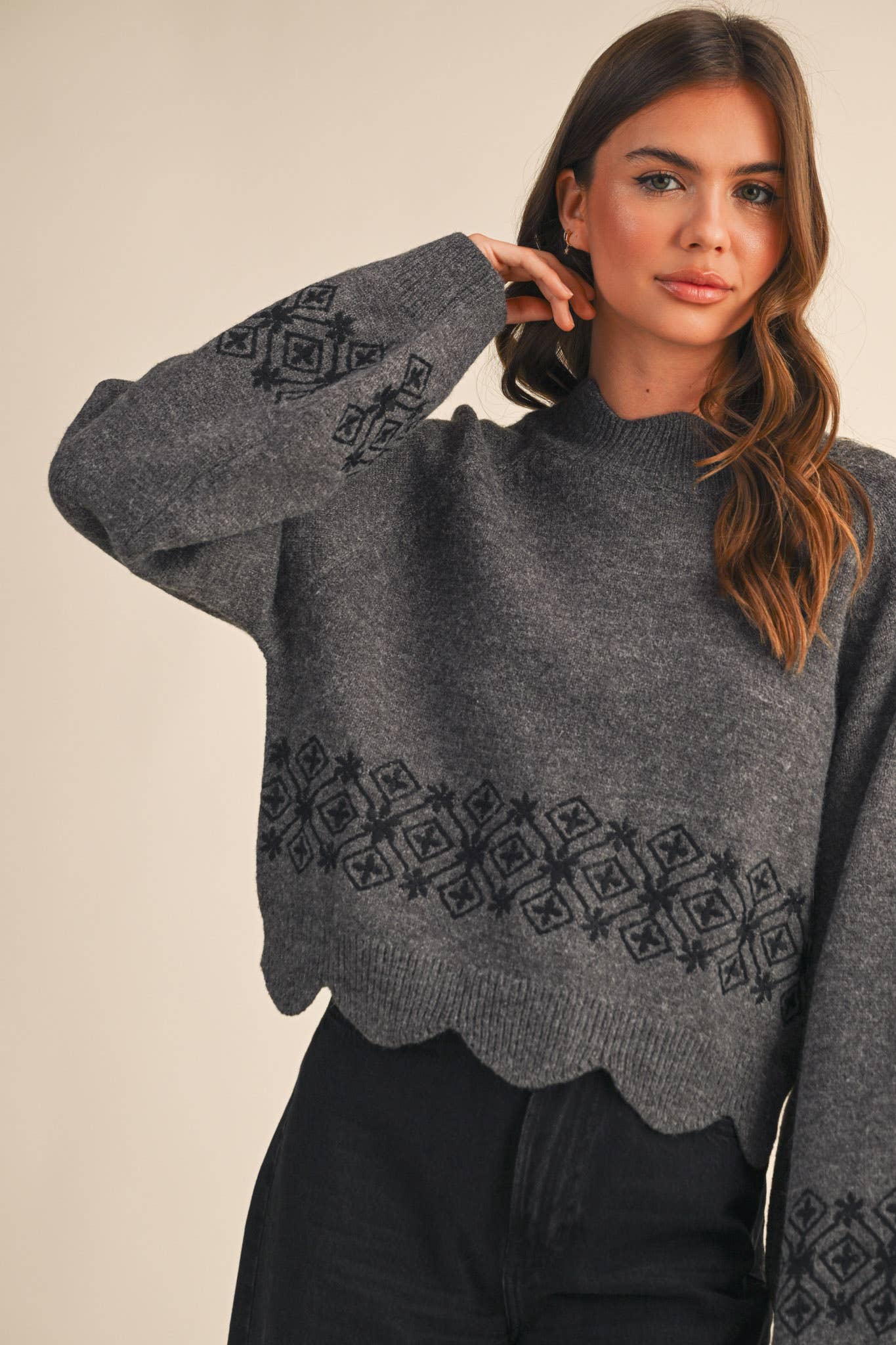 Charcoal Scalloped Mock Neck Sweater