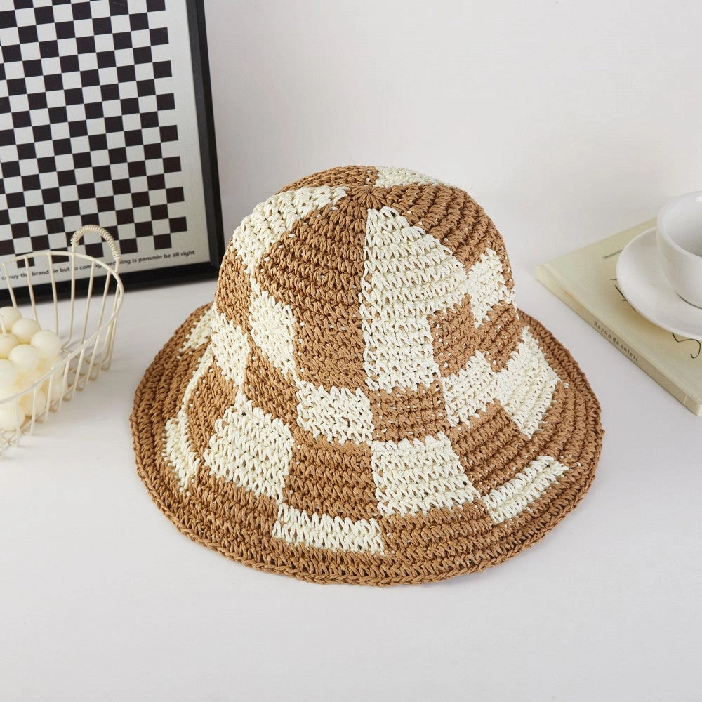 Beige Woven Paper Straw Bucket Hat