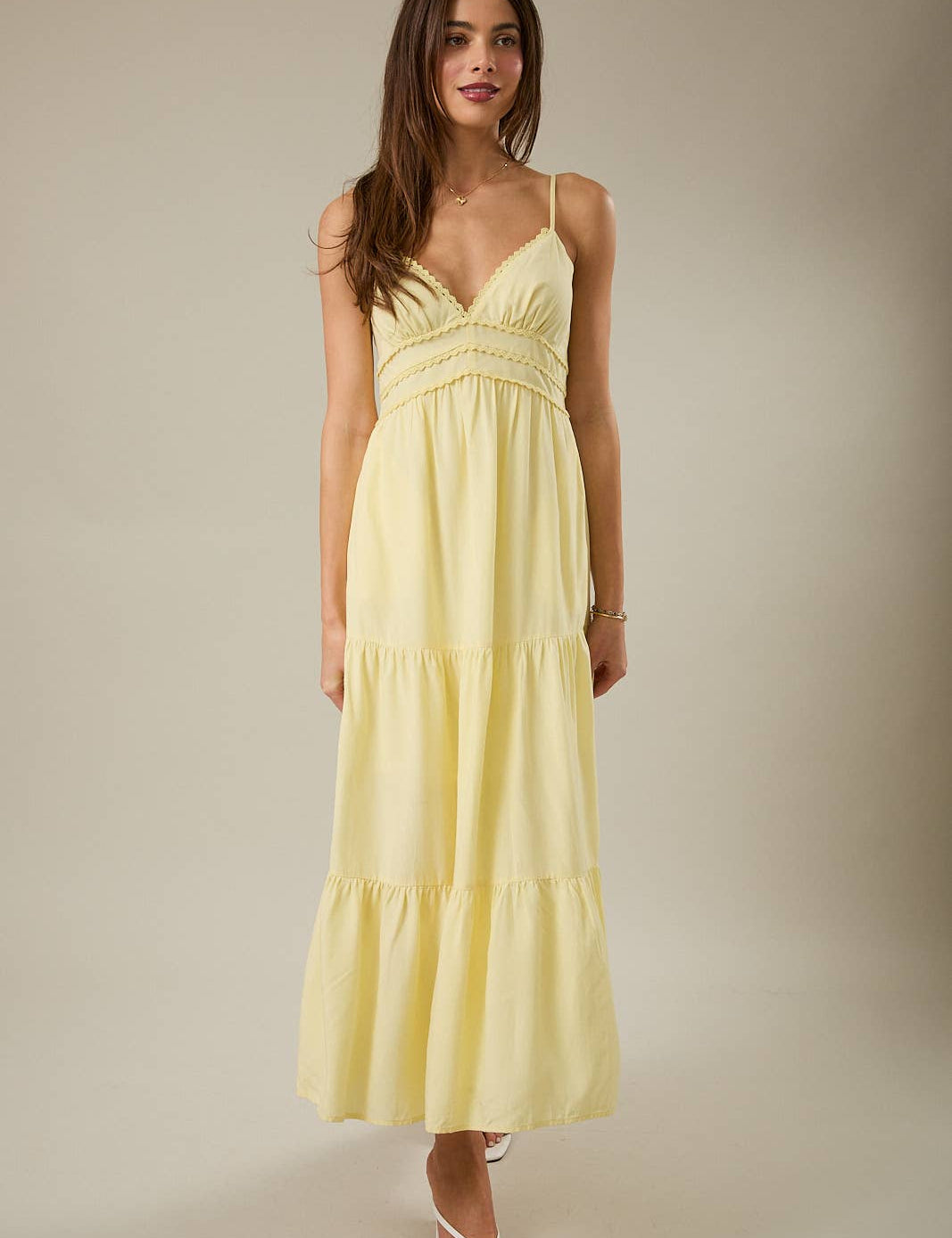 Yellow V-Neck Tiered Maxi Dress