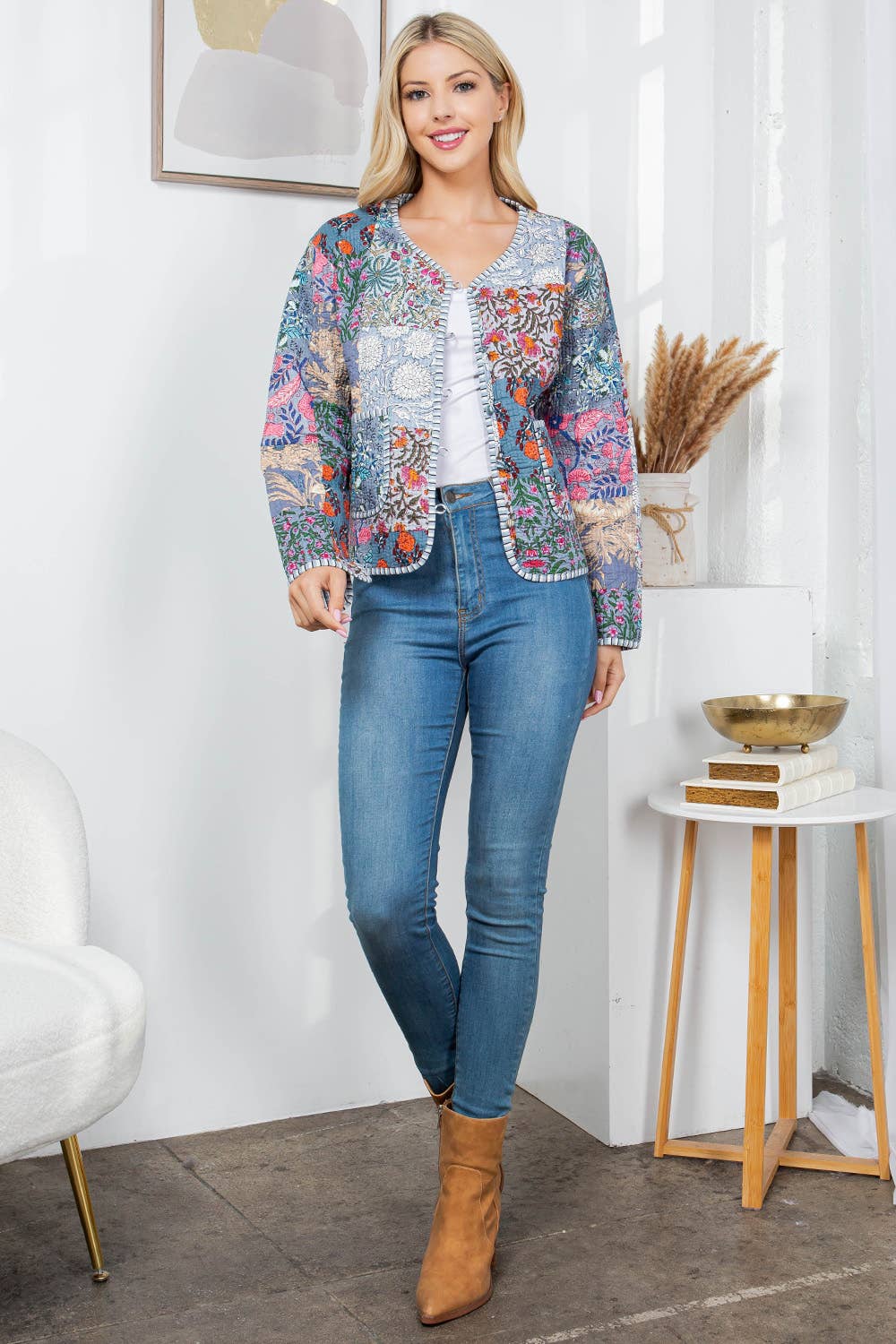 Gray Floral Print Quilted Patch Jacket