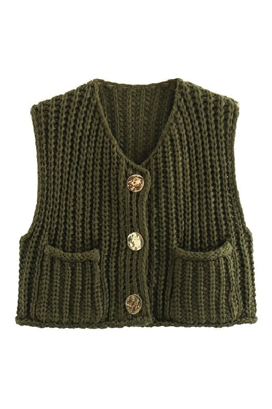 Olive Solid Round Neck Sweater Vest