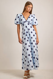 Deep V-neck Maxi Dress With Bubble Sleeves