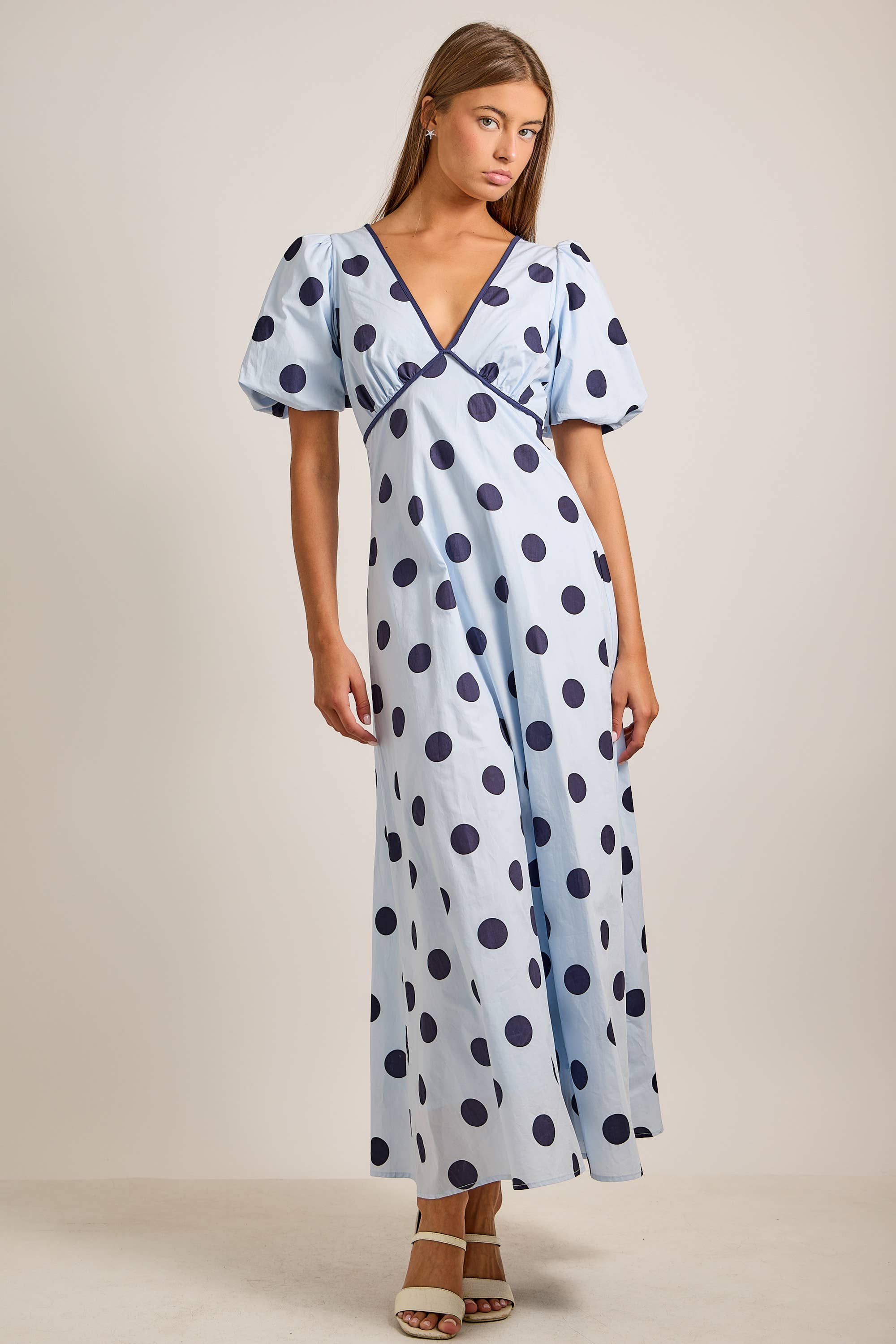 Deep V-neck Maxi Dress With Bubble Sleeves
