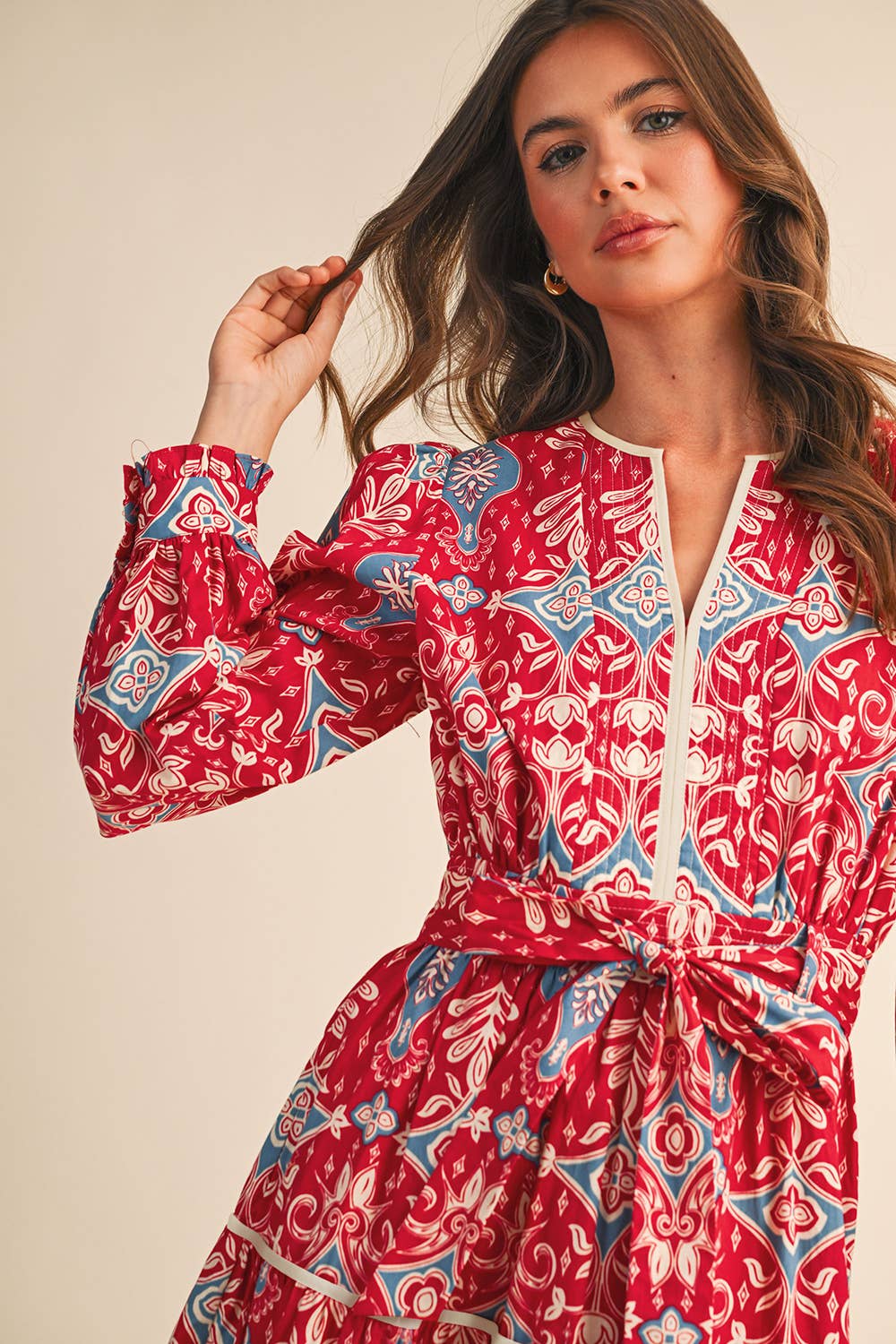 Red Printed Midi Dress
