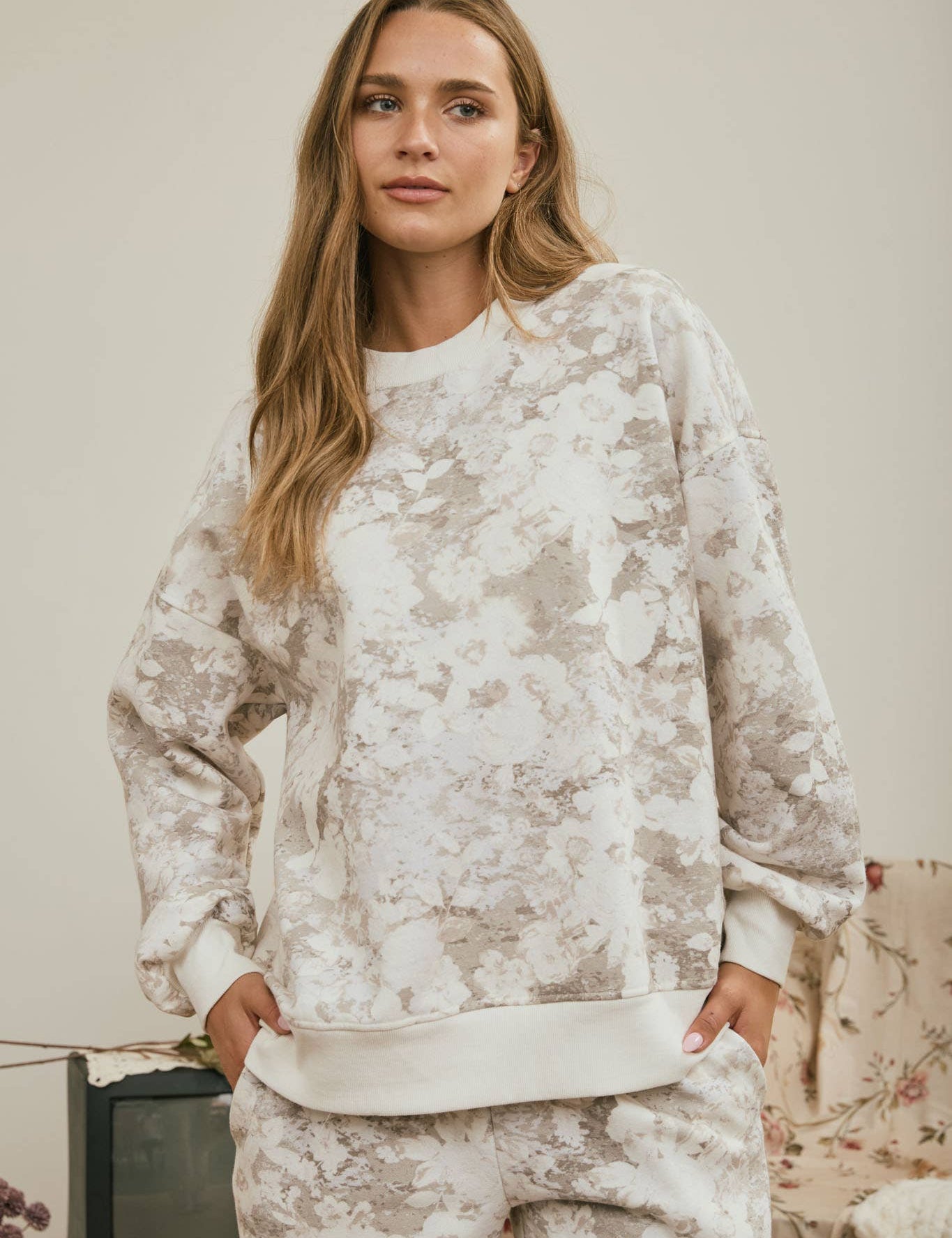 Cream Floral Knit Top & Pants Set — color: ivory and taupe floral wash print and crew neckline