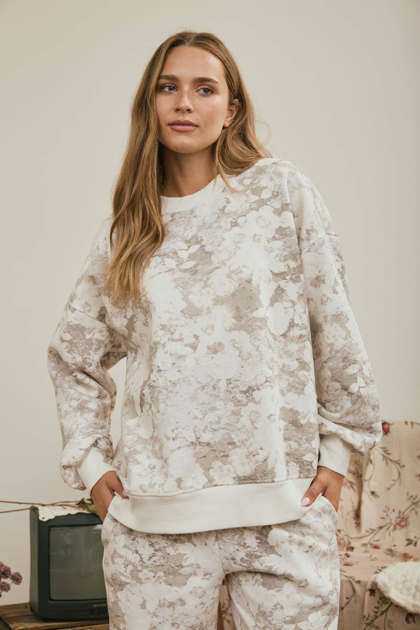 Cream Floral Knit Top & Pants Set — color: ivory and taupe floral wash print and crew neckline